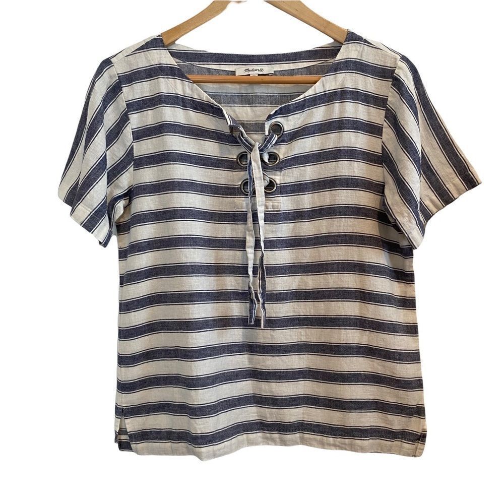 Madewell Striped Linen Lace Up Short Sleeve Top size XS